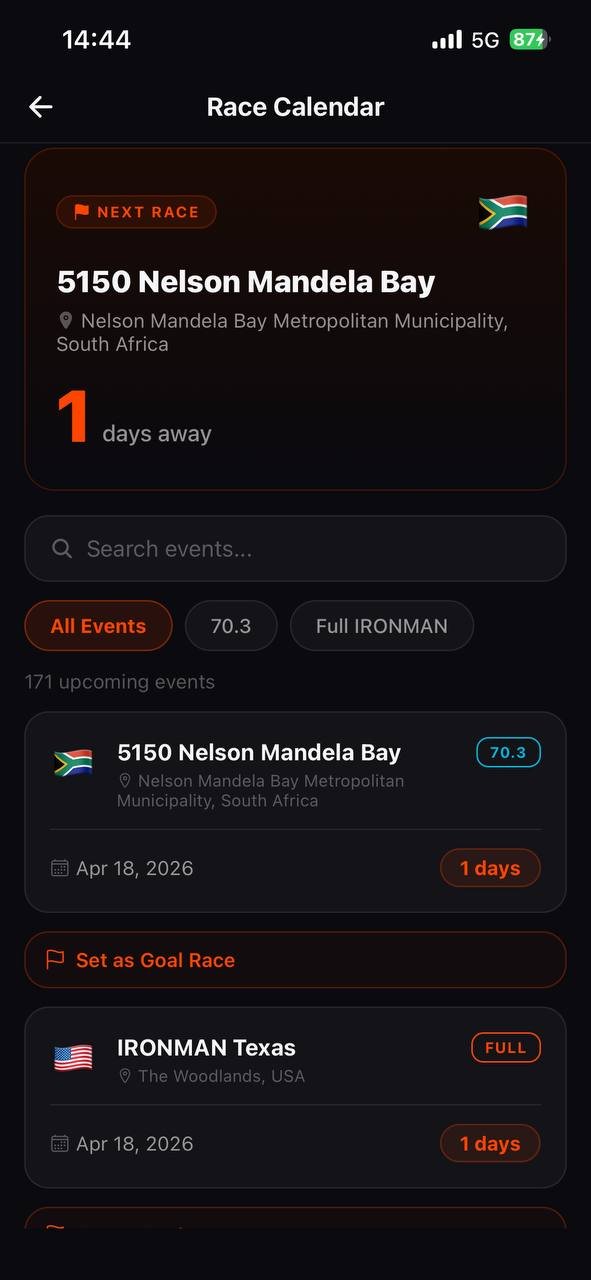 IRON3 Race Calendar showing upcoming IRONMAN events worldwide