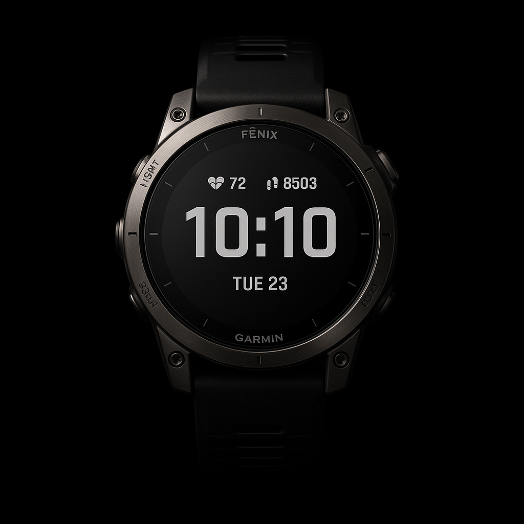 Garmin Fenix 8 sports watch on black background
